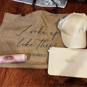 Beige 'Wifey' Cap and 'Mrs.' Pouch Set